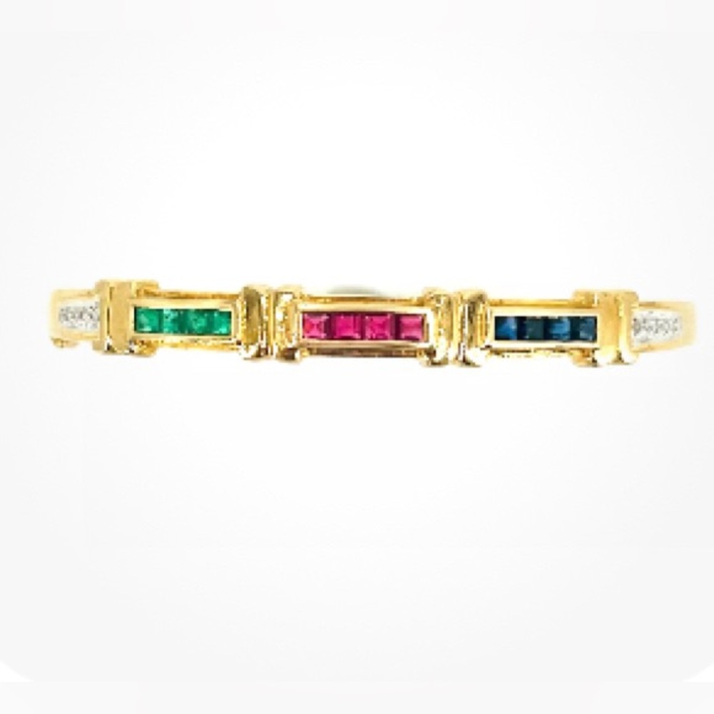 18K gold bangle with channel set emeralds, sapphires, rubies & diamond accents